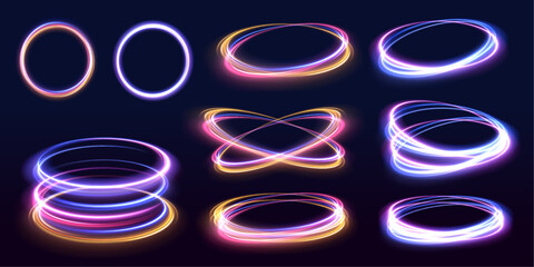 Poster - Set of neon blurry light circles at motion. Energy flow tunnel. Blue portal, platform. Magic circle vector swirl trail effect. 