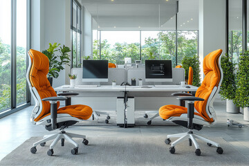 Poster - A modern office space with ergonomic furniture and advanced technology, highlighting the design of contemporary work environments. Concept of office design and workplace ergonomics.