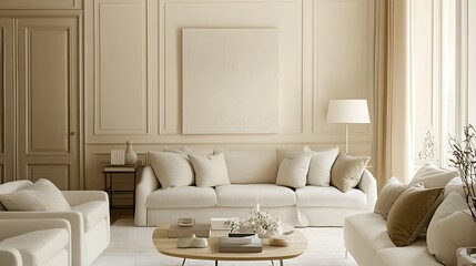 Poster - Cozy cream toned living room featuring soft elegant and minimalist furnishings  The room exudes a peaceful serene and inviting atmosphere with its natural color palette and clean contemporary design