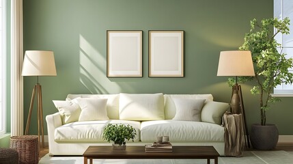 Poster - A photograph showcasing a tranquil and sophisticated living room featuring a serene green color scheme with sage walls matching furniture