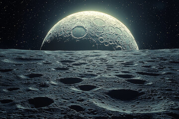 Wall Mural - A detailed view of the surface of the Moon with craters and rocky terrain, showing the rugged landscape of Earth's natural satellite. Concept of lunar exploration and moon surface.