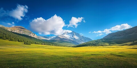 Wall Mural - majestic mountain range with expansive meadow and vibrant blue sky in scenic landscape graphy