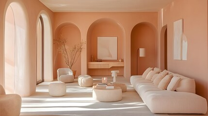 Poster - Soft peach toned living room featuring a harmonious and elegant interior design with plush comfortable furnishings and a serene inviting atmosphere