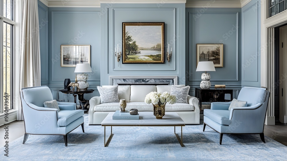 Inviting living room showcasing a calming powder blue color scheme with ...