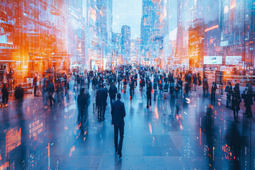 Canvas Print - A busy trade show floor with booths and attendees interacting, showcasing networking and marketing opportunities in business events. Concept of trade shows and business networking.