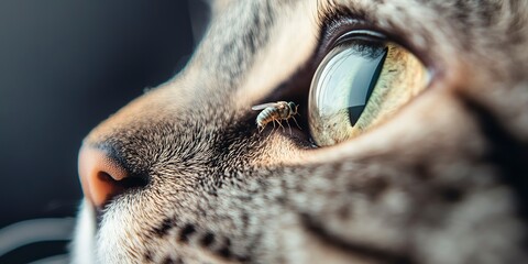 A closeup view of a cats eye and nose with a fly resting on its nose 