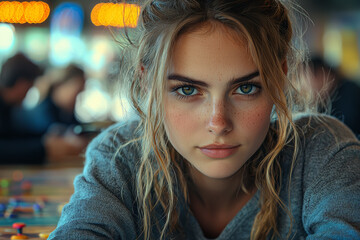 Poster - A woman with an intense look, absorbed in a competitive board game with friends. Concept of competitiveness and engagement.