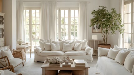 Poster - A serene and sophisticated living room featuring a minimalist design with soft neutral tones and cream colored accents creating a cozy and inviting atmosphere for relaxation and comfort
