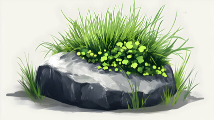 Green Grass and Stone Rock in Nature