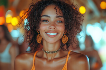 Poster - A woman with a cheerful face and upbeat demeanor, energetically dancing at a party. Concept of celebration and enthusiasm.