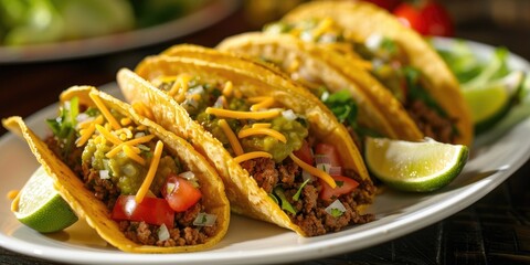 Canvas Print - Elevated Perspective of Tacos Filled with Ground Beef, Topped with Shredded Cheddar, Green Salsa Verde, Fresh Lettuce, Tomato, and Onion on a Light-Colored Plate Accompanied by Lime Wedges