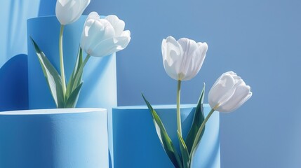 Canvas Print - Spring Greetings: White Tulips on Blue Podiums, Close-up