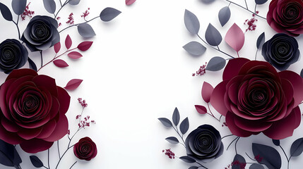 Burgundy and Gray Paper Flowers on White Background