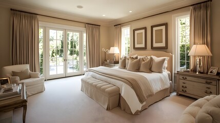 Poster - Serene Beige Bedroom Featuring Neutral Tones and Harmonious Furnishings A Cozy and Calming Interior Design Showcasing Clean Lines Soft Textures and a Tranquil Atmosphere