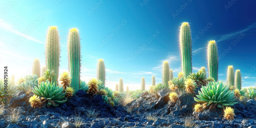 Breathtaking Desert Landscape with Tall Cacti Under Clear Blue Sky and ...