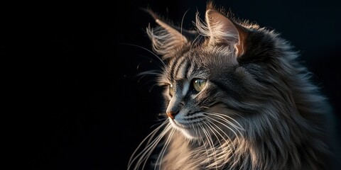 Poster - An elegant long-haired cat sat quietly in the shadow, with soft hair and gentle eyes. 