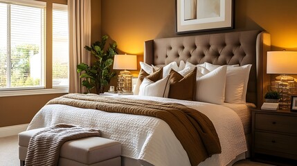 Poster - Cozy and Sophisticated Caramel Toned Bedroom with Warm Inviting Ambiance and Harmonious Color Scheme  Serene and Elegant Interior Design for a Relaxing Retreat