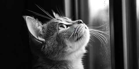 Poster - Black and white image of a cat with striking whiskers looking up, by a window