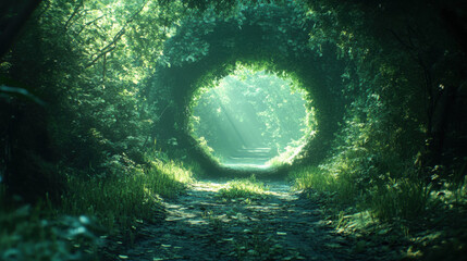 Wall Mural - A tunnel in a forest with green leaves and grass