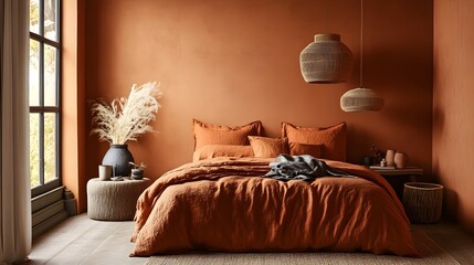 Wall Mural - Cozy and Inviting Terracotta Themed Bedroom Design with Warm Wall Colors Textured Bedding and Minimalist Furnishings for a Calming Rustic Chic Ambiance