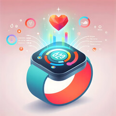 Wall Mural - Flat Smartwatch with Holographic Health Metrics - Futuristic Design with Copy Space Below | Vector Illustration for Smart Business Concept