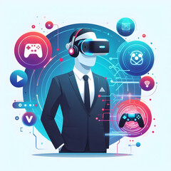 Wall Mural - Advanced Flat VR Headset with Holographic Game Controls - Futuristic Design with Copy Space - Vector Illustration in Smart Business Tone