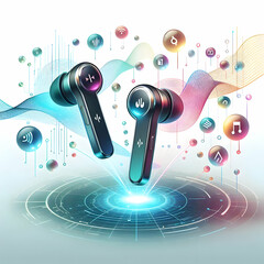 Wall Mural - Modern Flat Vector Illustration of Wireless Earbuds with Holographic Sound Controls Floating, Top-Down Perspective, Smart Business Tone