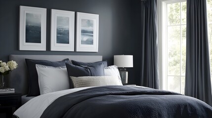 Poster - A modern and minimalist slate gray bedroom design featuring a calming and sophisticated color scheme with matching walls bedding and furniture creating a serene and tranquil living space