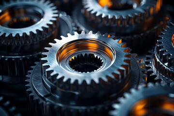 Aufkleber - a set of four interconnected gears in motion, depicting the mechanical cycle of interdependent syste