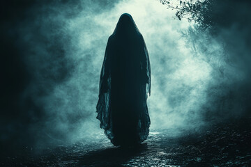 Poster - a spectral wraith with a haunting presence, drifting through the fog of a dark, enchanted forest. co