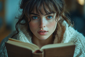 Poster - a person with a neutral expression, absorbed in reading a book, showing concentration and focus. con