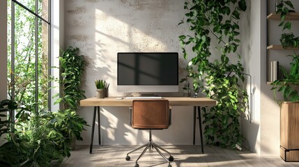 Wall Mural - Home office with a sleek desk, ergonomic chair, and large monitor, surrounded by greenery