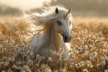 Sticker - A magical being with a silver mane and a sparkling horn, trotting through a field of enchanted flowers. Concept of unicorn elegance and enchantment.