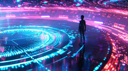 Wall Mural - 3D person silhouette on floating data platform futuristic glow digital space cyberpunk vr virtual community technology universe blue purple poster