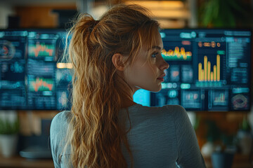 Poster - a female marketing executive analyzing campaign performance and making data-driven decisions to opti