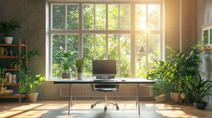 Wall Mural - Home office with energy-efficient windows and eco-friendly decor, reducing overall energy use