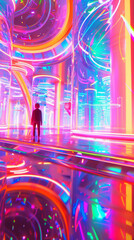 Wall Mural - 3D person silhouette stands in empty futuristic virtual reality space with glowing holographic curve neon lines and digital interfaces cyberpunk sci-fi fashion technology rainbow fun city park poster