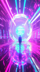 Wall Mural - 3D person silhouette stands in empty futuristic virtual reality space with glow holographic rainbow beam lines and digital earth shaped ai brain cyberpunk fashion technology web purple poster