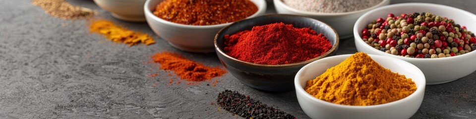 Poster - Variety of ground spices in bowls on a gray surface, including paprika, turmeric, red pepper, cumin, and coriander.