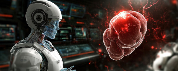 Poster - A robot is looking at a brain that is glowing red. The robot is wearing a helmet and is holding a cell phone. Scene is futuristic and mysterious