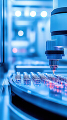 Poster - A machine is making a product with a blue background. The machine is in the middle of the image