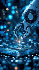 Poster - A robot is holding a small piece of metal and is about to cut it. The image has a futuristic and industrial feel to it