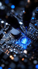 Poster - A close up of a computer chip with a blue light shining on it. Concept of precision and technology