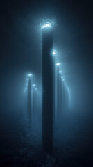 Poster - A dark, foggy night with a lighted pole in the middle