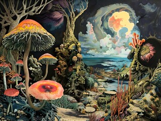 Surreal landscape with mushrooms, trees, and a bright moon in the sky.