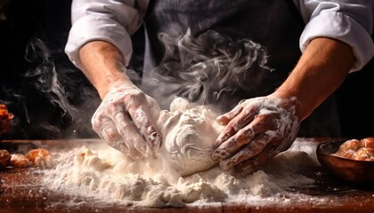 Close-up of hands kneading dough on a wooden surface, with flour dusting the air and steam rising. The image captures the essence of traditional baking, highlighting the tactile process and the warmth