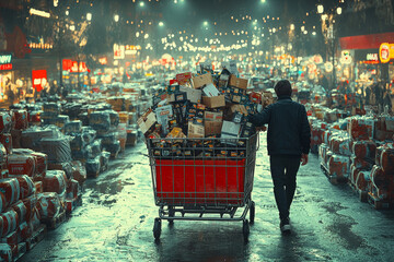 Poster - a shopper pushing a cart overflowing with discounted items through a crowded retail space. concept o