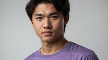 Wall Mural - teen stunning brunette asian man with purple shirt model portrait standing straight on a plain white background for ad concept space for text