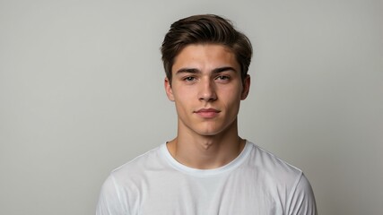 Wall Mural - teen stunning brunette caucasian man with black shirt model portrait standing straight on a plain white background for ad concept space for text