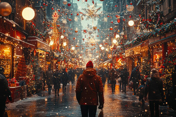 Wall Mural - A scene of shoppers scouring through a chaotic store with festive decorations everywhere. Concept of crowded shopping environments and holiday spirit.